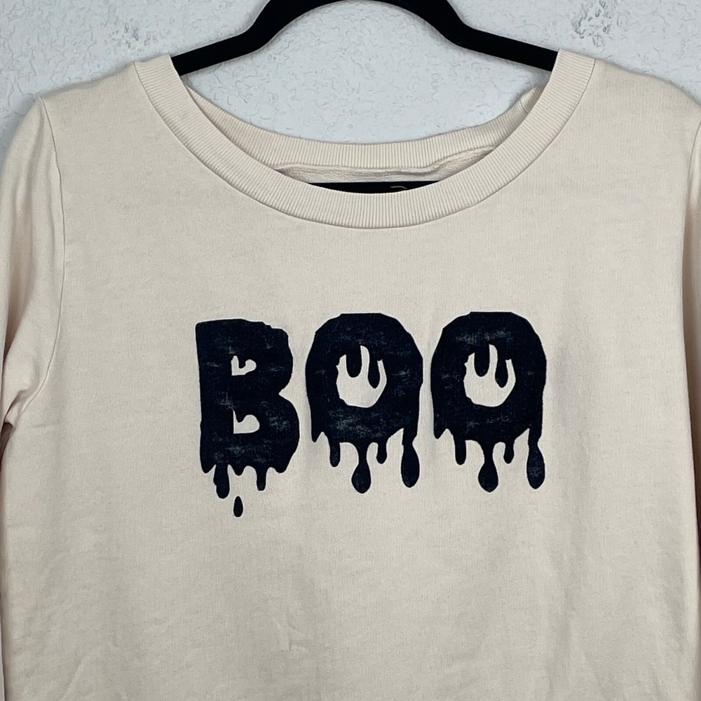ModCloth Sweater Womens Medium Cream Black Velvet Drip BOO Long Sleeve Pullover - Picture 3 of 8